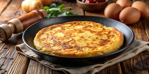 Tortilla de patatas in a pan with crispy edges and golden brown color, breakfast, Spanish dish,  breakfast, Spanish dish