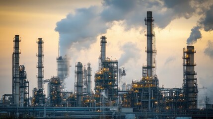 Fototapeta premium Abstract industrial scene, giant factory structures releasing smoke into a yellow-gray sky, [industrial pollution], [toxic environment].