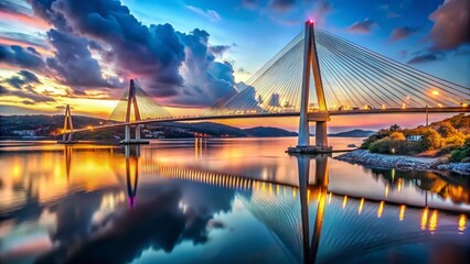 Fototapeta premium Surreal Russky Bridge Vladivostok: Dreamlike Cable-Stayed Bridge Spanning Eastern Bosphorus Strait