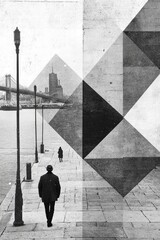 Abstract Urban Scene: Geometric Shapes and Monochrome Cityscape with Figures