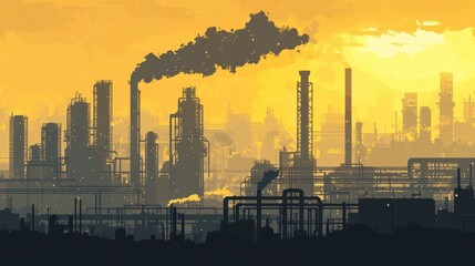 Abstract industrial scene, giant factory structures releasing smoke into a yellow-gray sky, [industrial pollution], [toxic environment].