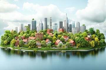 Fototapeta premium Eco-Friendly Urban Oasis Island with Nature and Skyscrapers in Harmony