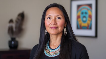 Elegant Indigenous Woman Radiates Strength and Heritage in Vibrant Cultural Setting