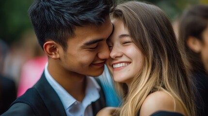 Fototapeta premium First Love. Happy couple sharing a joyful moment in a candid embrace.