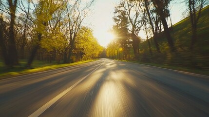 Fototapeta premium Sunlit Road Through Springtime Trees During a Drive