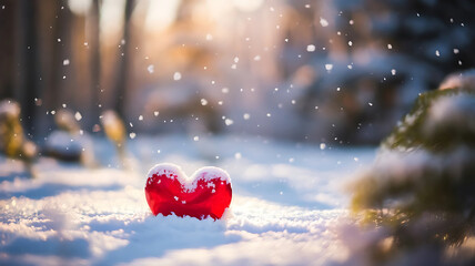 Fototapeta premium Red Heart in Snow Winter Love and Romance