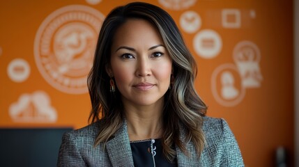 Empowered Professional: Asian Woman Radiating Confidence Against Vibrant Backdrop