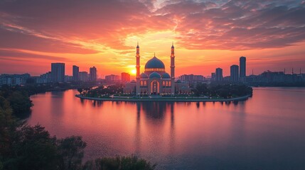 Fototapeta premium Majestic Mosque Sunrise Cityscape Scenic View