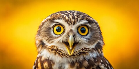 Obraz premium Surprised Owl on Yellow Background: A Documentary-Style Wildlife Photo