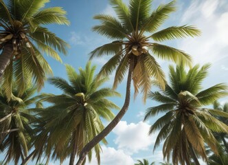 Obraz premium A coconut tree with coconuts and leaves stretching towards the sky, foliage, nature
