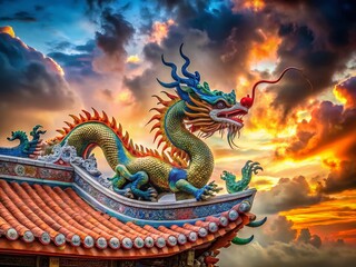 Fototapeta premium Surreal Chinese Dragon Statue on Temple Roof: Mystical Asian Art