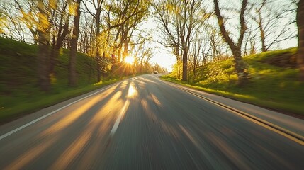 Obraz premium Sunset Drive Through A Wooded Area Road