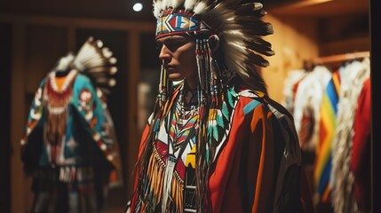 Embodying Tradition: A Native American Warrior Poised in Vibrant Regalia