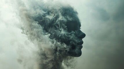 Abstract representation of pollution, swirling industrial smoke creating an ominous human face, [conceptual pollution], [artistic haze].