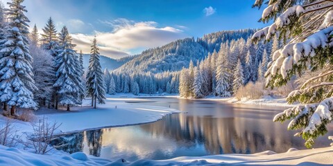Fototapeta premium Snowy forest with bare trees and frozen lake in the background, surrounded by snow-covered hills and pine trees