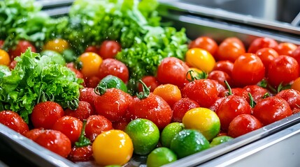 Fresh produce being sanitized in an industrial washing system for food safety and