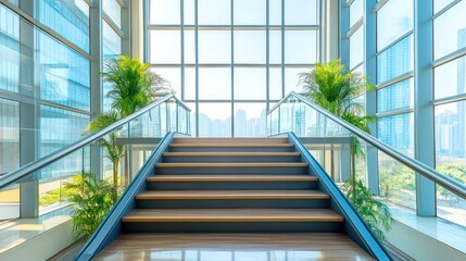 Obraz premium Modern Indoor Staircase With Large Windows And City View