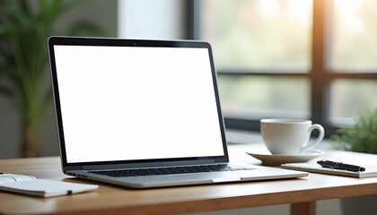Fototapeta premium Modern Laptop Mockup on Wooden Desk with Blank Screen, white Coffee Cup, and Notebook with pen