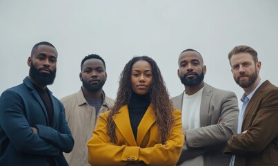Group of confident individuals posing outdoors in casual attire