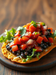 Close-up of mouth-watering bangassou black bean tostadas with zesty salsa and shredded lettuce, shredded lettuce, close-up, salsa, snack