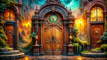 Surreal Wooden Door Number 3: Whimsical House Entrance Stock Photo