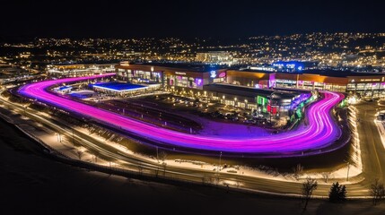 Nighttime aerial view of illuminated mall and traffic trails
