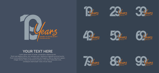 Anniversary logo set vector design, gray and orange color for celebration event