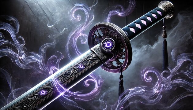 紫のオーラをまとう神秘的な刀｜Mystical Katana with Purple Aura