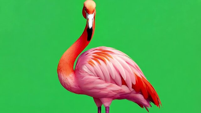 Flamingo realistic on green screen background. flamingo cartoon animation. flamingo icon on transparent background. Pink Flamingo icon animation. Copy space chroma key