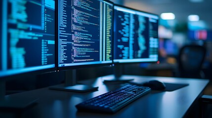 Dual-Monitor Desktop Computer Displaying Data Analysis for Business and Technology Themes