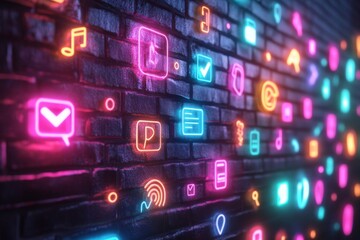 Neon Glowing App Icons on a Brick Wall Background