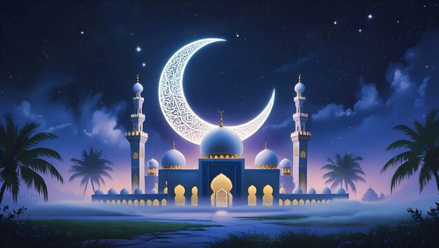 Ramadan kareem and Ramadane mubarak. Shiny Exquisite Crescent Moon With Carved Mosque On Night Background. Generative Ai
