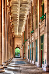 A view of the grand Chicago Union Station entrance showcasing its columns and architectural elegance highlighting urban historic design with bold HDR effect.