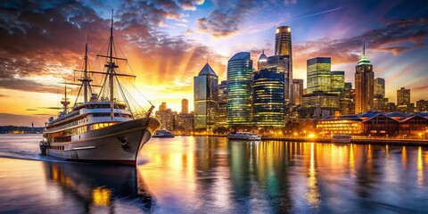 Sydney Darling Harbour Ship: Double Exposure Cityscape Stock Photo