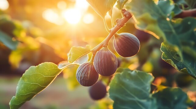 A fig tree branch with figs, with a blurred sunset in the background