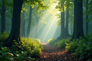 Gentle mist rising from a tranquil forest floor, mist, nature