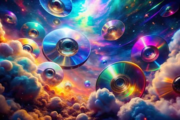 Surreal Photography: Stack of Colorful CD-ROMs Floating in a Dreamlike Landscape