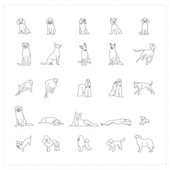 Dog poses Simple line drawings dog sitting, dog standing, dog lying down, dog stretching, playful dog positions, minimalist dog poses, various dog breeds, canine body language 