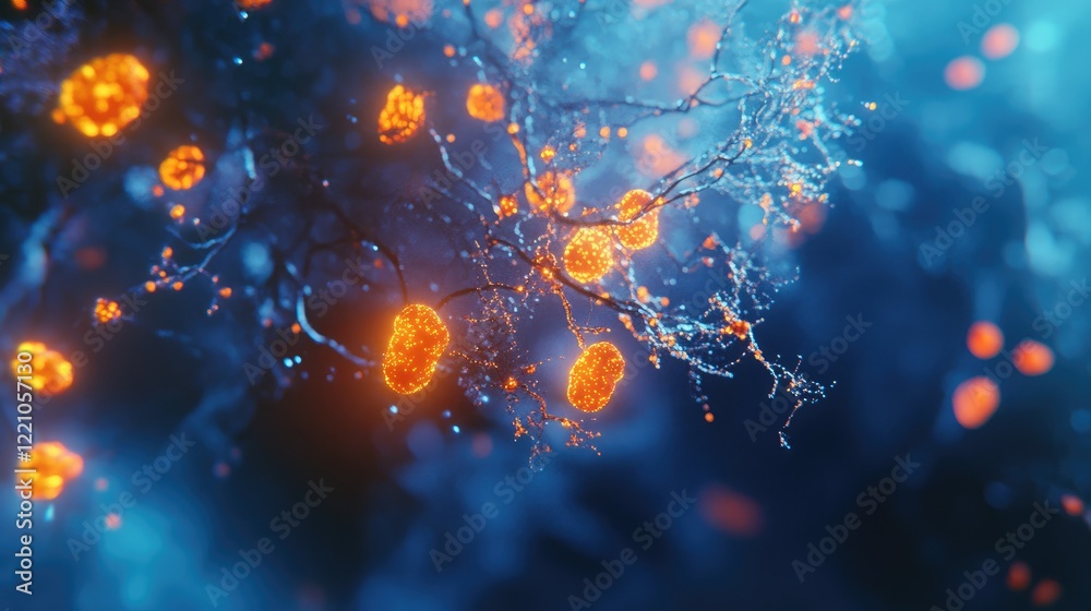 Poster 3d render of human cells with glowing orange nuclei, highlighting the cellular structure in a stunni