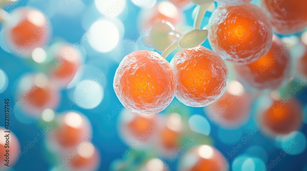 Poster 3d render of human cells with glowing orange nuclei, highlighting the cellular structure in a stunni