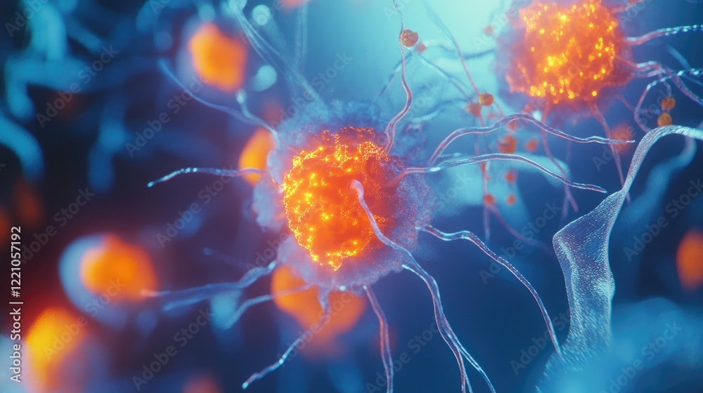 Aufkleber 3d render of human cells with glowing orange nuclei, highlighting the cellular structure in a stunni