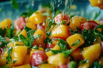 Close-up of fresh fruit and herb salad being drizzled with citrus juice for a fresh finish.