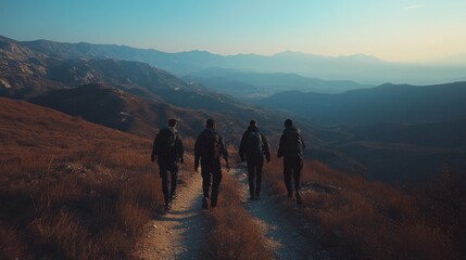 Obraz premium Four Hikers Trek Across Mountain Trail Landscape