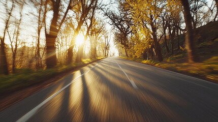 Fototapeta premium Sunlit Road Through Autumn Trees at Sunset