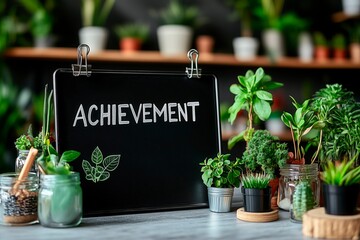 Colorful chalkboard with achievement written surrounded by vibrant plants in a classroom setting