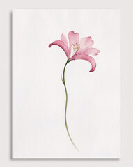 Traditional Watercolor Painting of Pink Flower with Green Stem on White Canvas Featuring Elegant Soft Tones