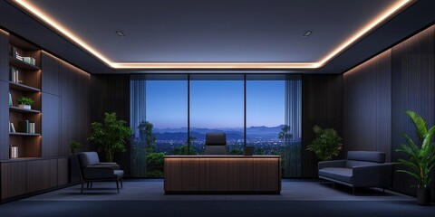Modern office interior at night with cityscape view, wooden desk, armchairs, and ambient lighting.