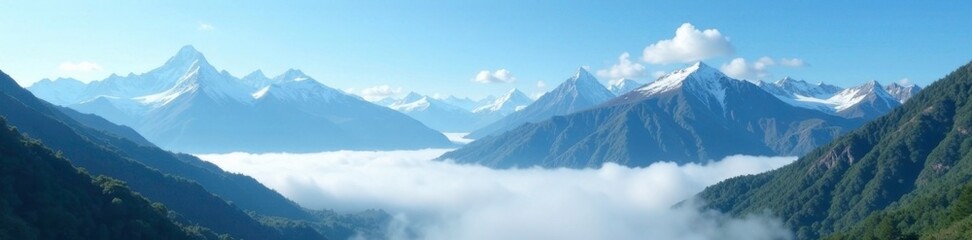 gentle mist rising from the base of majestic mountains against a bright blue sky, cloud, natural ambiance, calming