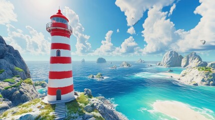 Red and White Lighthouse on a Rocky Coastline