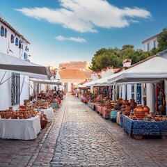 Obraz premium A traditional village market with vendors selling handmade crafts, colorful pottery displayed on tables, and a cobblestone path.